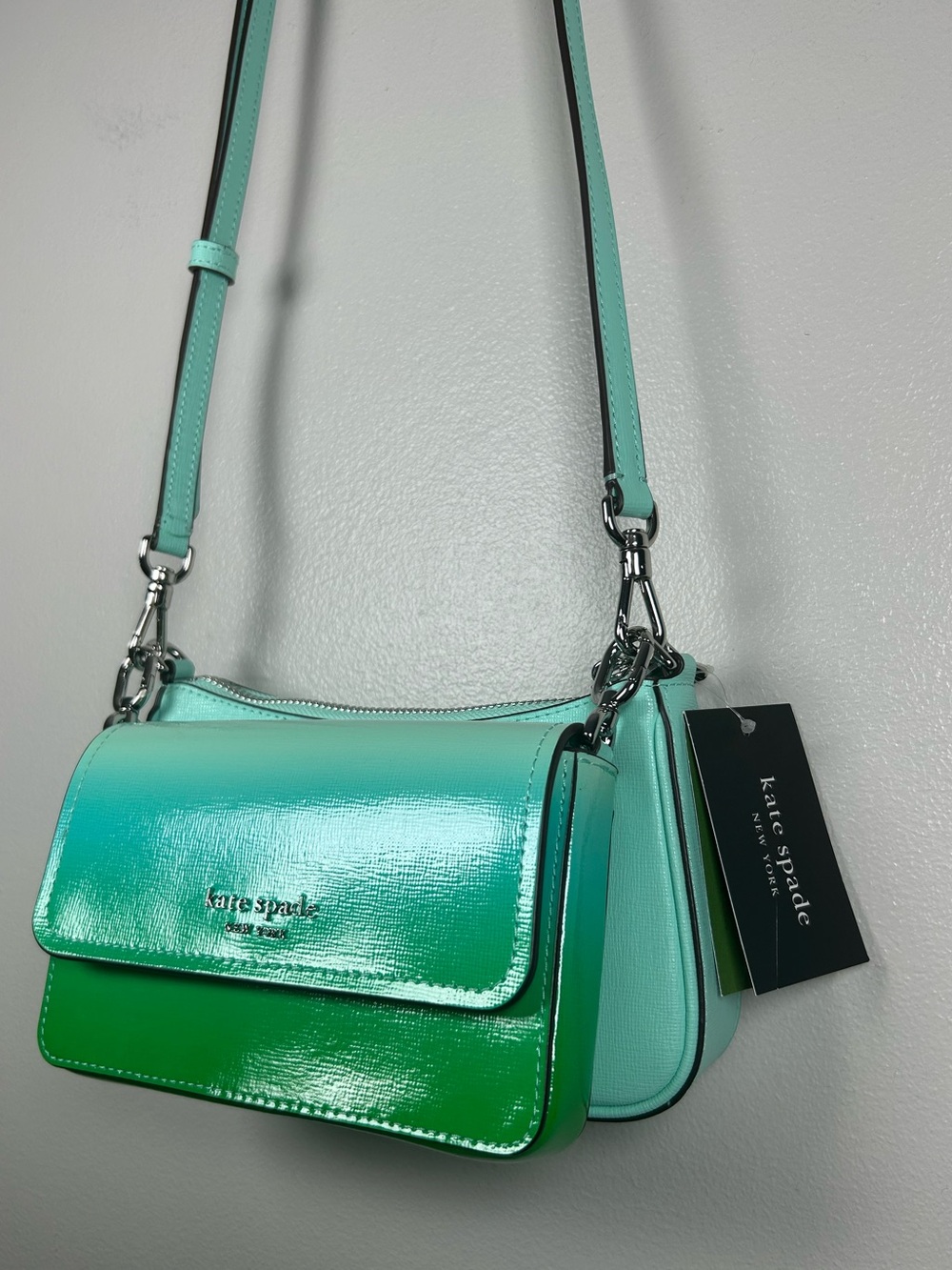 Kate Spade Double Up Ombre Saffiano Leather Crossbody Bag Mint Green NWT